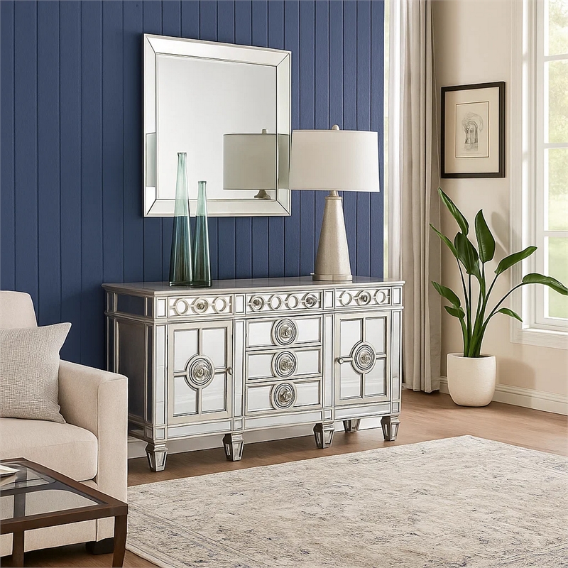 Benjara Server with 6 Mirrored Drawers and 2 Single Doors- Silver