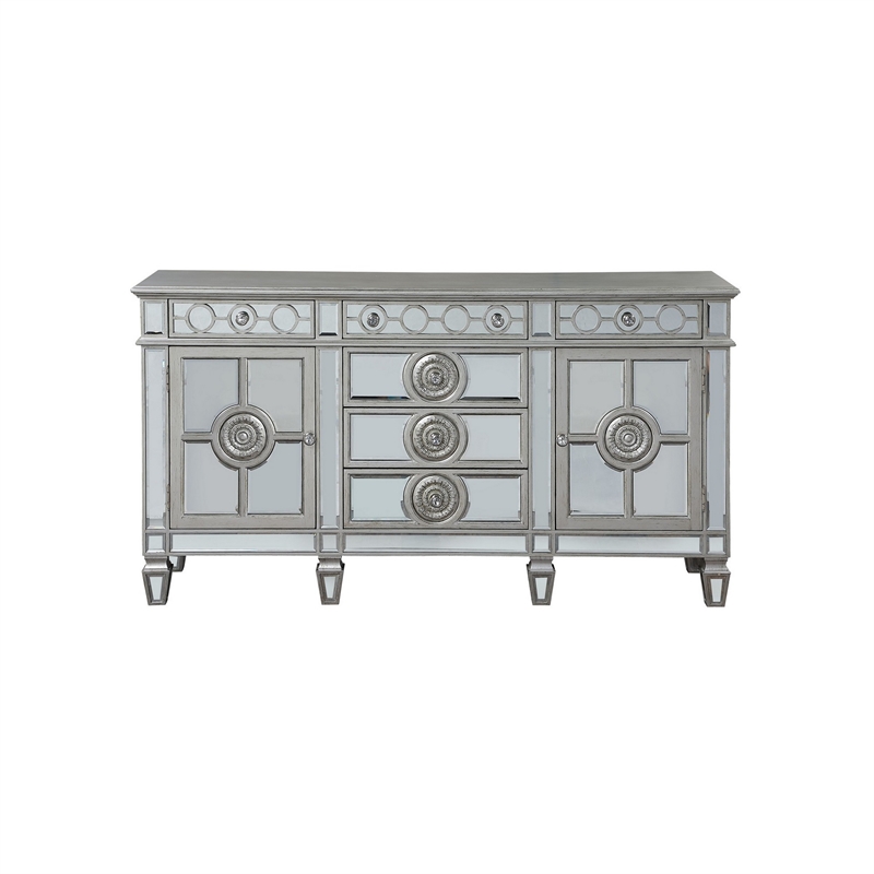 Benjara Server with 6 Mirrored Drawers and 2 Single Doors- Silver