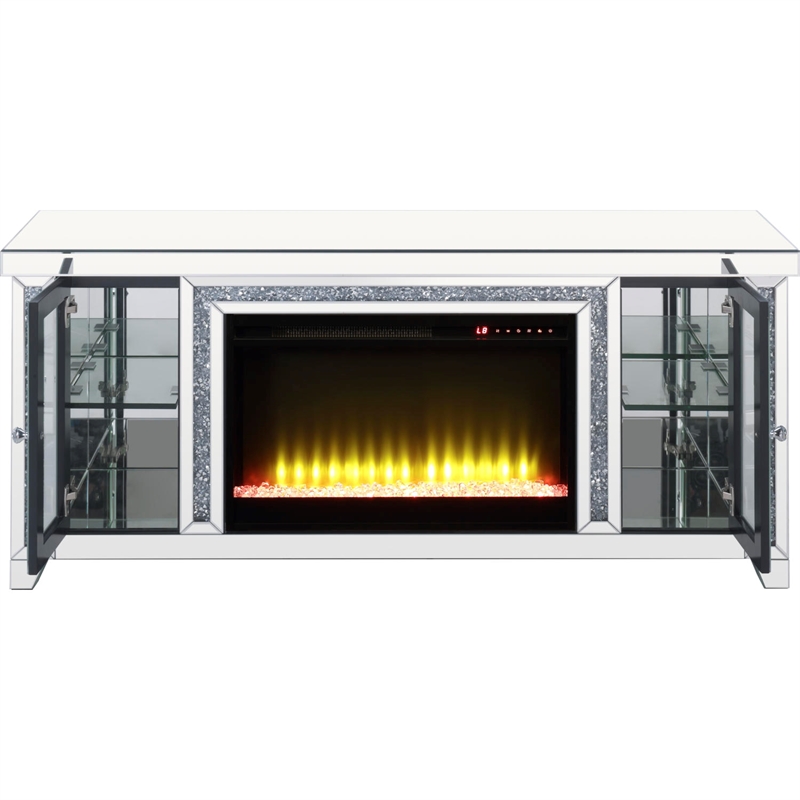 Benjara TV Stand with Fireplace and LED- Silver and Black