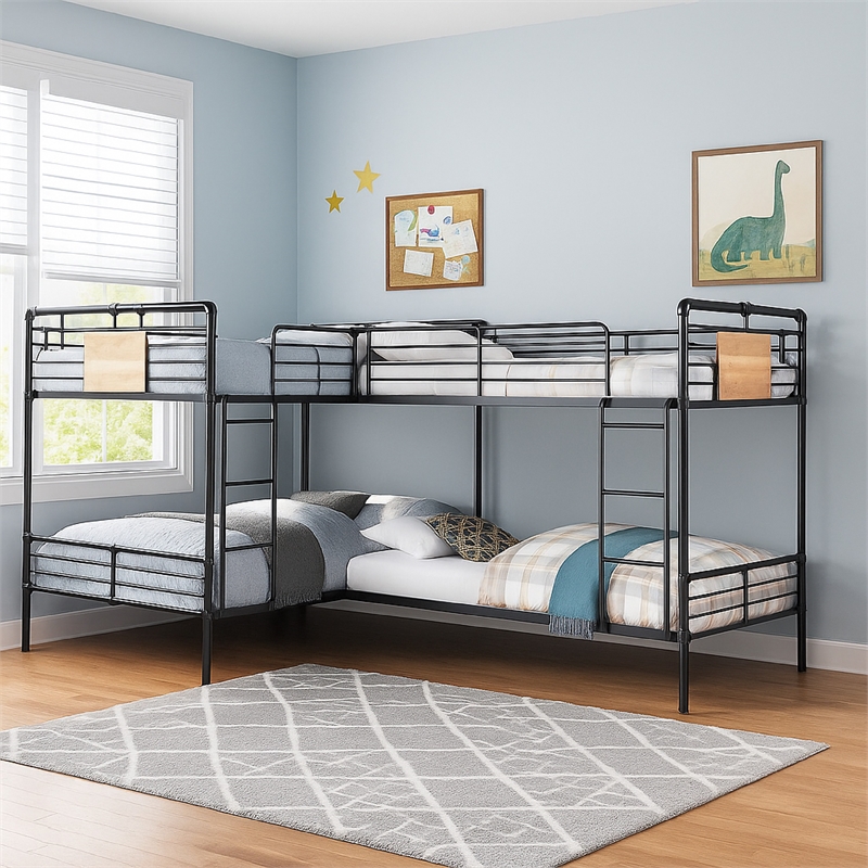 Benjara Twin over Full Bunk Bed with Safety Guard Rails- S&y Black & Dark Bronze