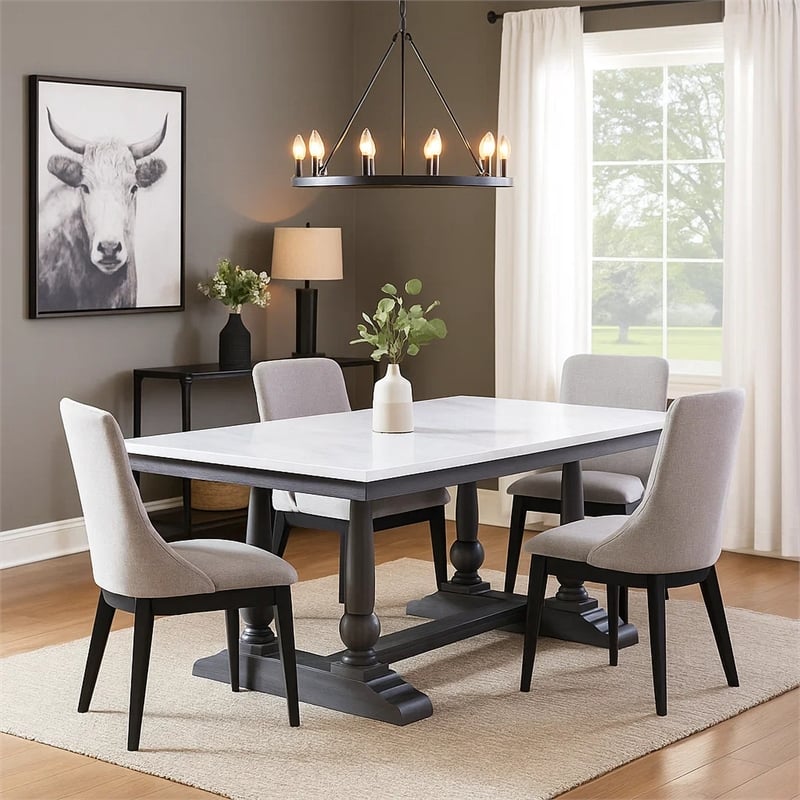 Benjara Dining Table with Marble Top and Trestle Base- White and Gray