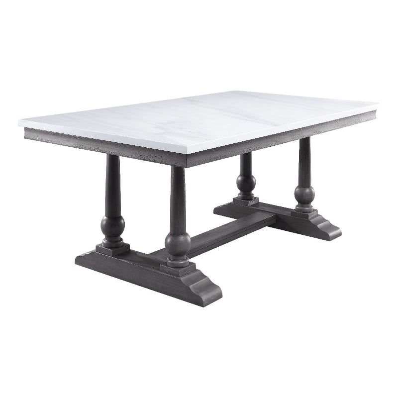 Benjara Dining Table with Marble Top and Trestle Base- White and Gray