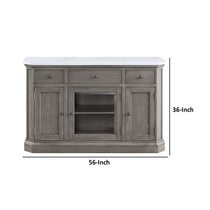 Benjara Server with Faux Marble Top and 3 Drawers- White and Brown