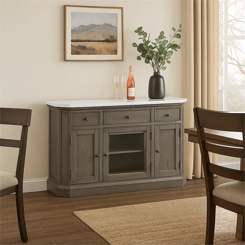 Benjara Server with Faux Marble Top and 3 Drawers- White and Brown