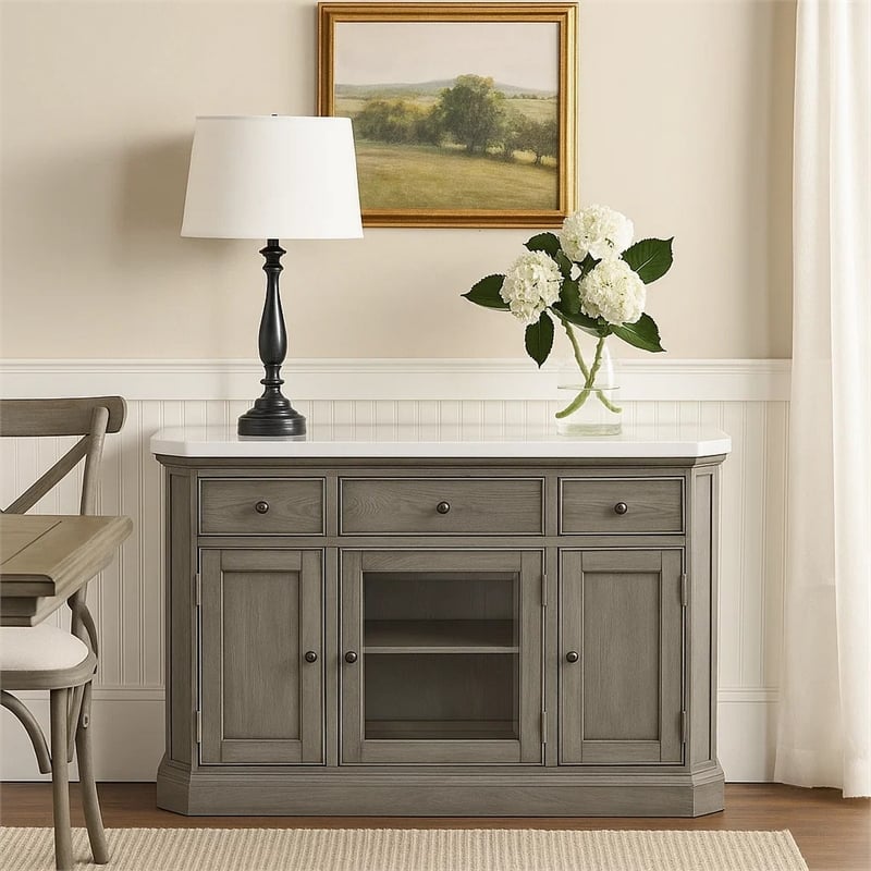 Benjara Server with Faux Marble Top and 3 Drawers- White and Brown