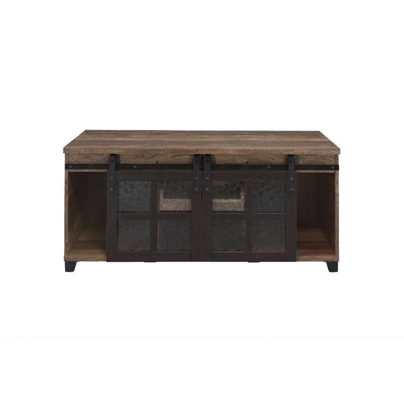 Benjara Coffee Table with 2 Barn Sliding Glass Doors and Pull Out Tray- Brown