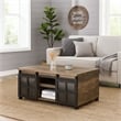 Benjara Coffee Table with 2 Barn Sliding Glass Doors and Pull Out Tray- Brown