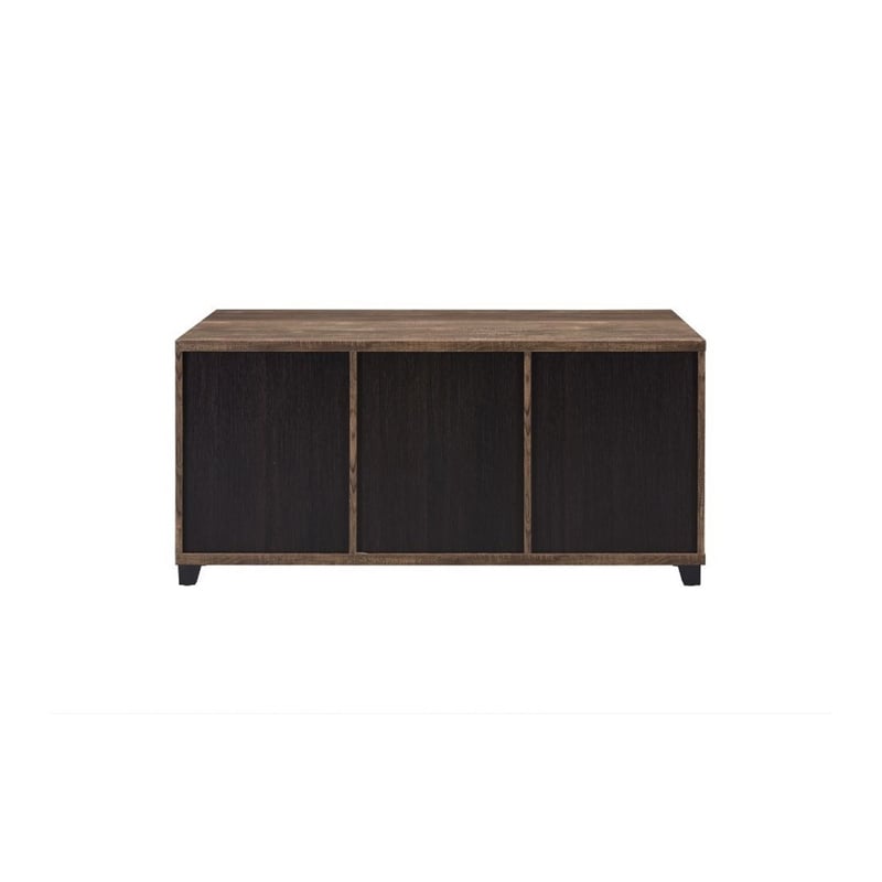 Benjara Coffee Table with 2 Barn Sliding Glass Doors and Pull Out Tray- Brown