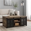 Benjara Coffee Table with 2 Barn Sliding Glass Doors and Pull Out Tray- Brown