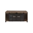 Benjara Coffee Table with 2 Barn Sliding Glass Doors and Pull Out Tray- Brown