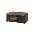 Benjara Coffee Table with 2 Barn Sliding Glass Doors and Pull Out Tray- Brown