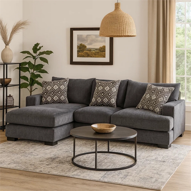 Benjara L Shaped Sectional with T Cushioned Seat- Gray