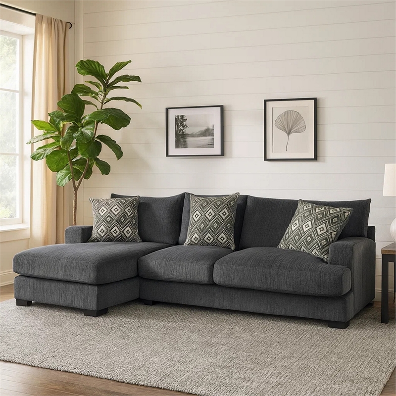 Benjara L Shaped Sectional with T Cushioned Seat- Gray