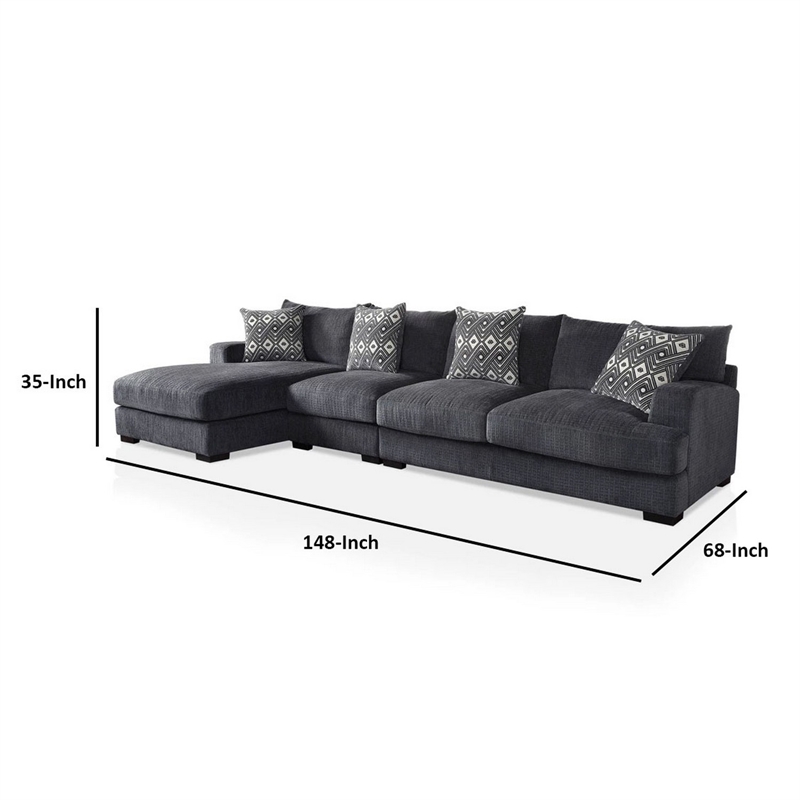 Benjara L Shaped Sectional with T Cushioned Seat- Large- Gray
