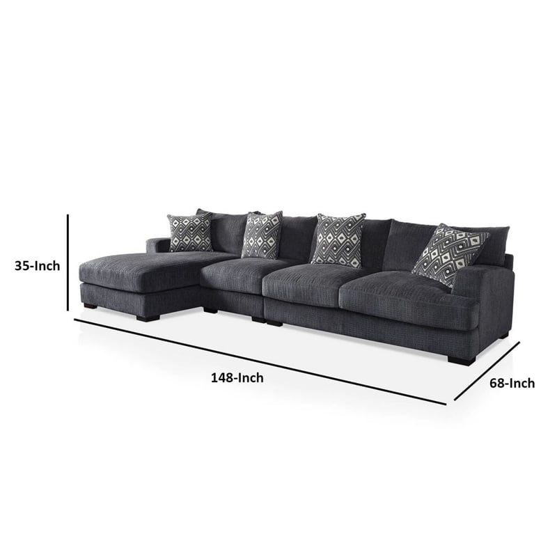 Benjara L Shaped Sectional with T Cushioned Seat- Large- Gray