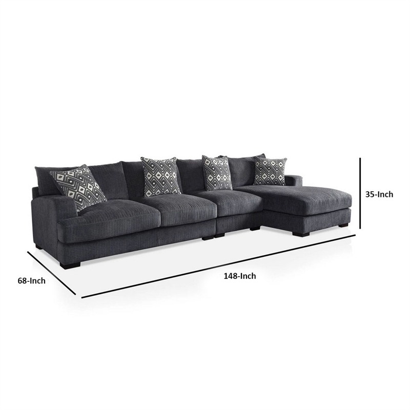 Benjara L Shaped Sectional with T Cushioned Seat- Large- Gray