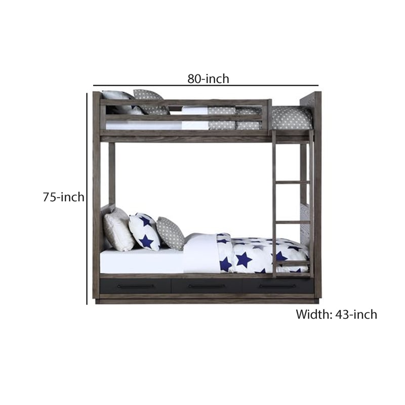 Benjara Twin over Twin Bunk with 2 Drawers and Grain Details- Oak Gray