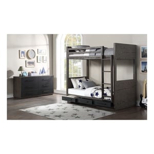 Benjara Twin over Twin Bunk with 2 Drawers and Grain Details- Oak Gray