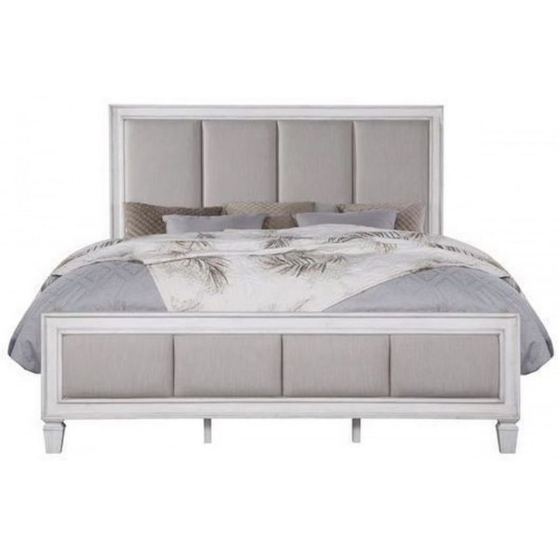 Benjara Queen Bed with Channel Tufted Fabric Padding- White and Gray