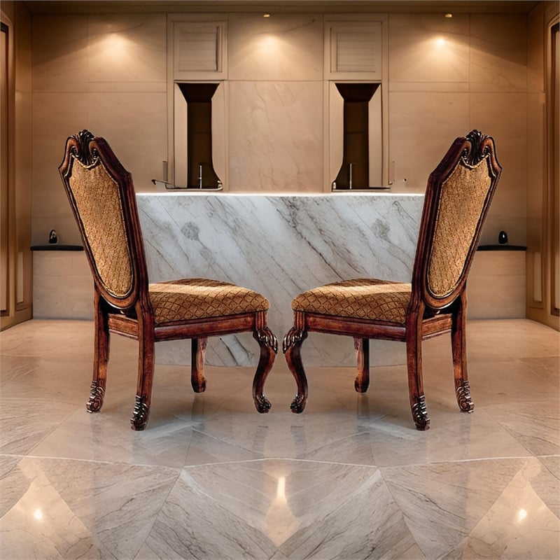 Benjara Side Chair with Fabric Seat and Crown Top (Set of 2)- Brown