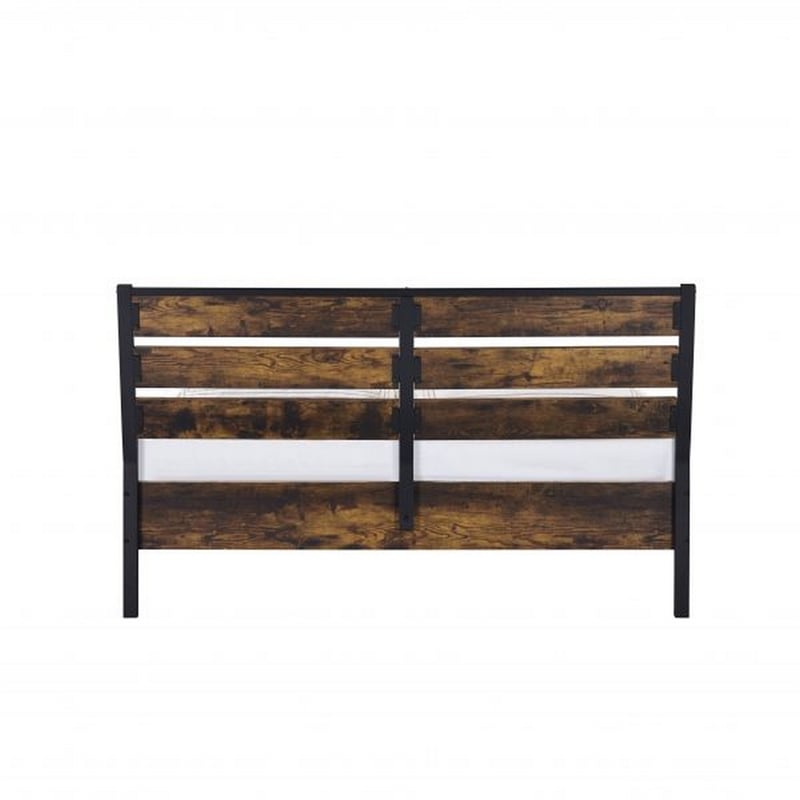 Benjara Eastern King Bed with Panel Headboard and Metal Slats- Brown and Black