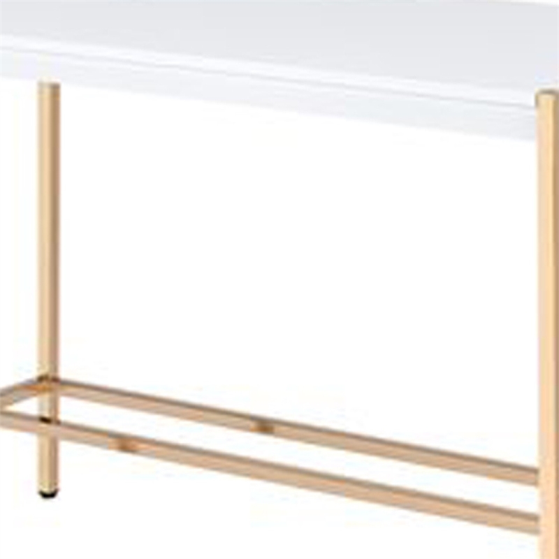 Benjara Writing Desk with USB Dock and Metal Legs- White and Rose Gold