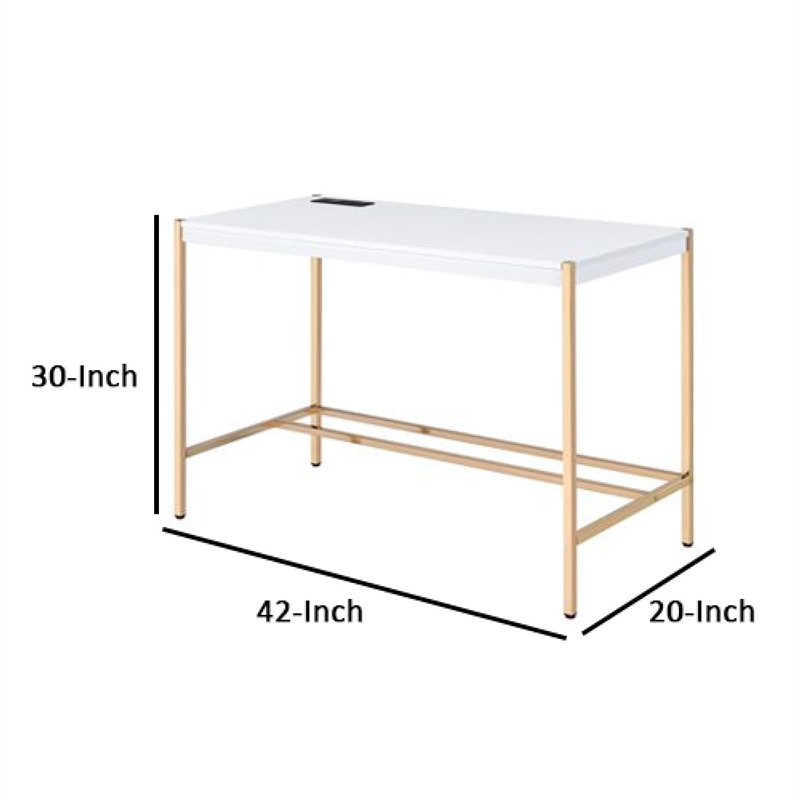 Benjara Writing Desk with USB Dock and Metal Legs- White and Rose Gold