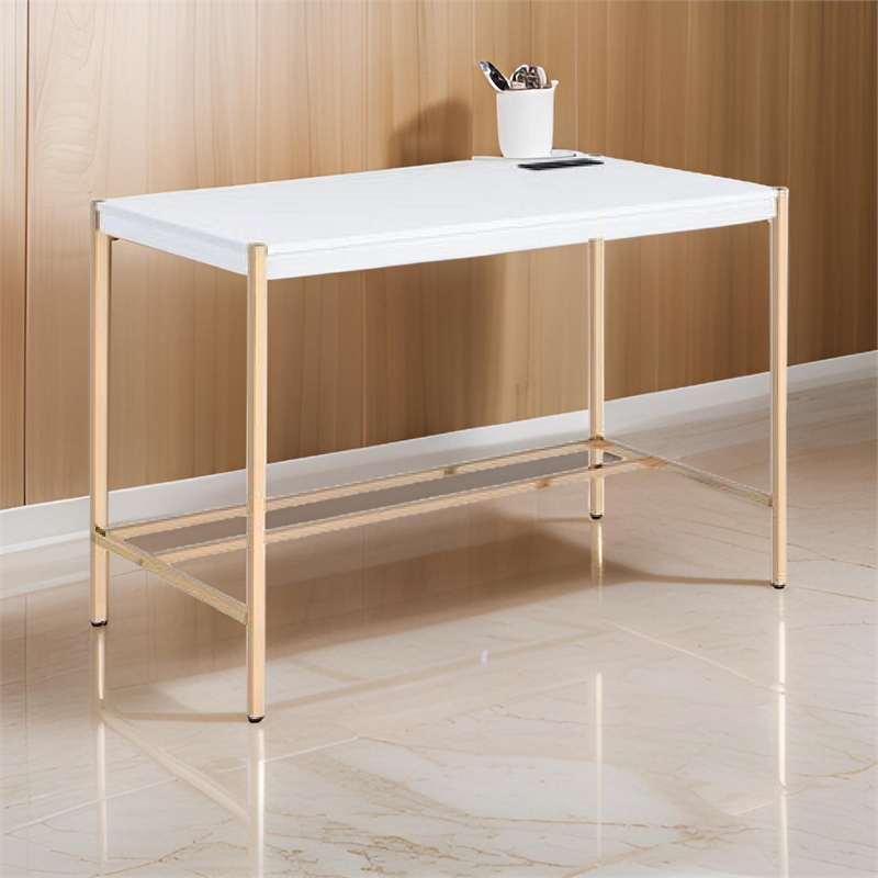 Benjara Writing Desk with USB Dock and Metal Legs- White and Rose Gold