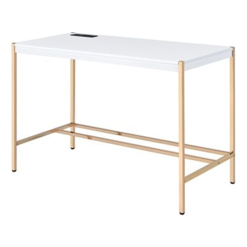 Benjara Writing Desk with USB Dock and Metal Legs- White and Rose Gold