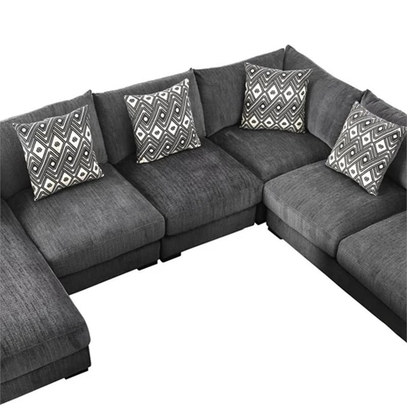 Benjara U Shaped Sectional with 6 Accent Pillows- Gray