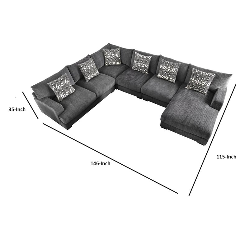 Benjara U Shaped Sectional with 6 Accent Pillows- Gray