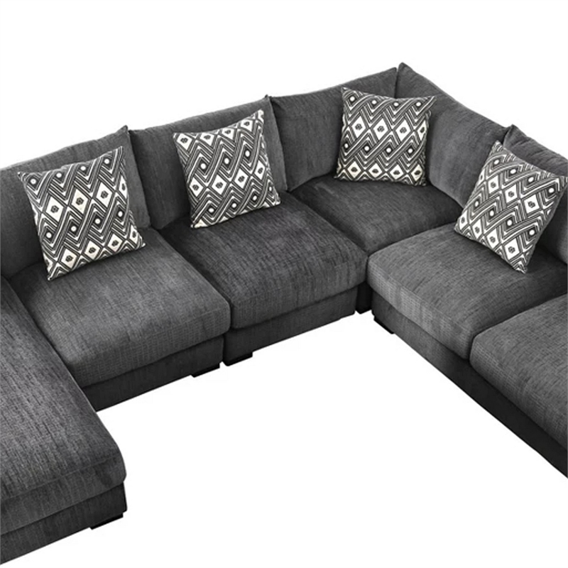 Benjara U Shaped Sectional with 6 Accent Pillows- Gray