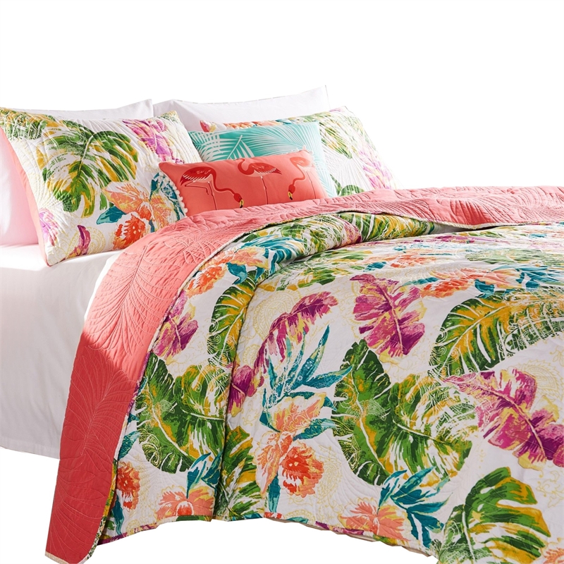 Benjara Aulne 3 Piece Full Quilt Set with Leaf Print- Multicolor