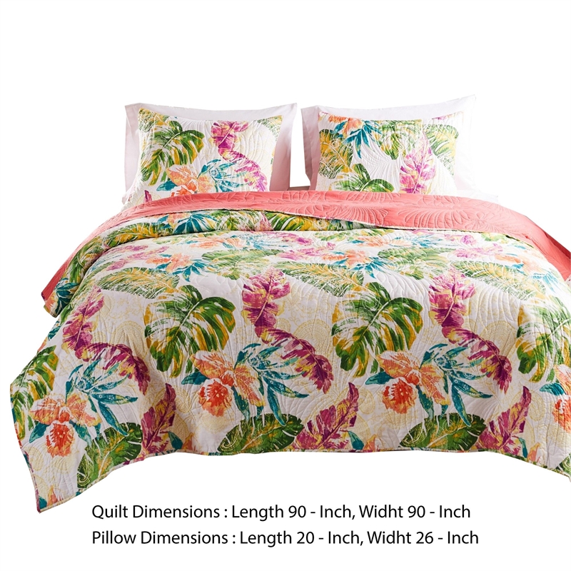 Benjara Aulne 3 Piece Full Quilt Set with Leaf Print- Multicolor