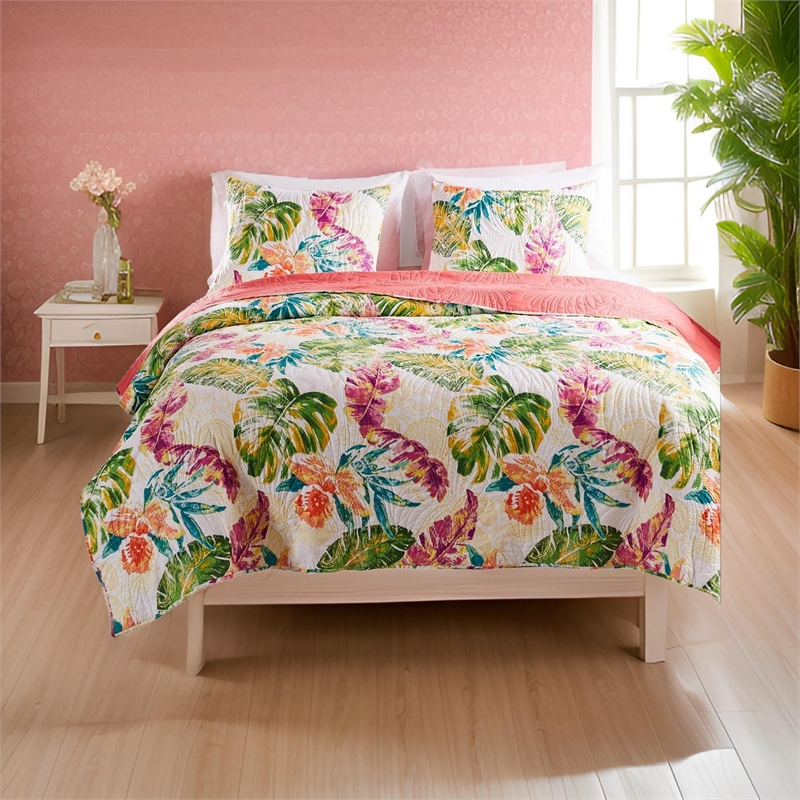 Benjara Aulne 3 Piece Full Quilt Set with Leaf Print- Multicolor