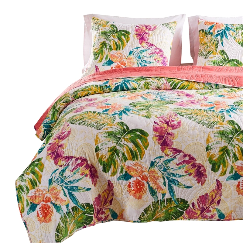 Benjara Aulne 3 Piece King Quilt Set with Leaf Print- Multicolor