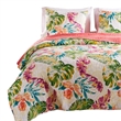 Benjara Aulne 3 Piece King Quilt Set with Leaf Print- Multicolor
