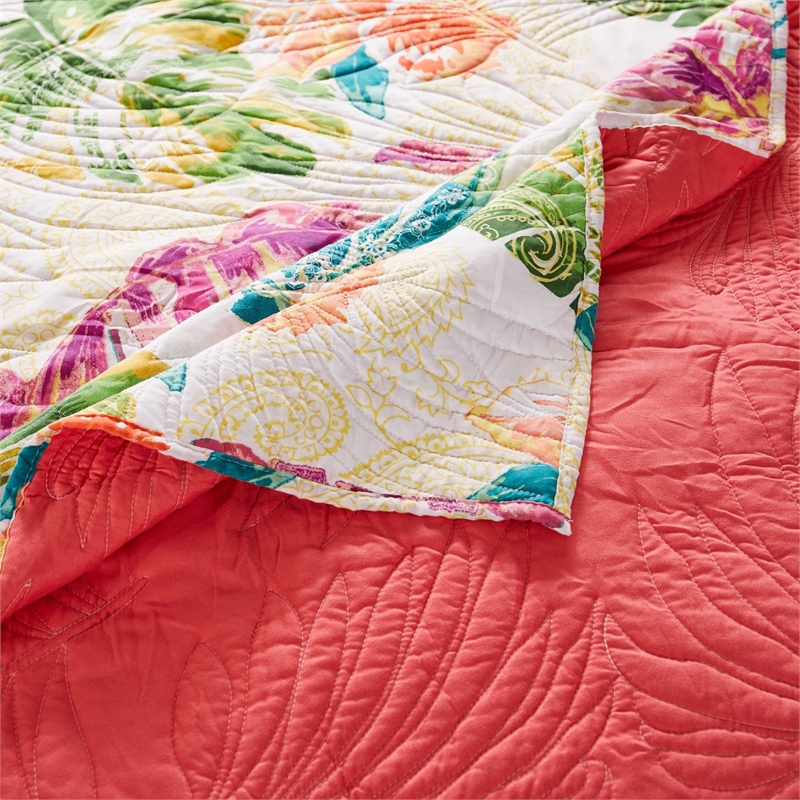 Benjara Aulne 3 Piece King Quilt Set with Leaf Print- Multicolor