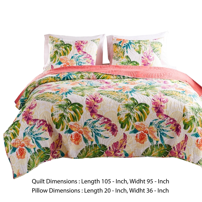 Benjara Aulne 3 Piece King Quilt Set with Leaf Print- Multicolor