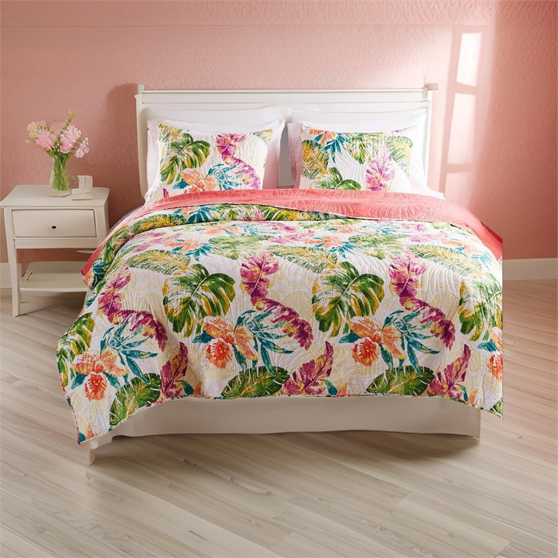 Benjara Aulne 3 Piece King Quilt Set with Leaf Print- Multicolor