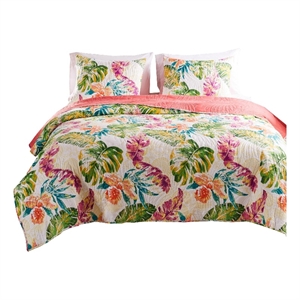 Benjara Aulne 3 Piece King Quilt Set with Leaf Print- Multicolor