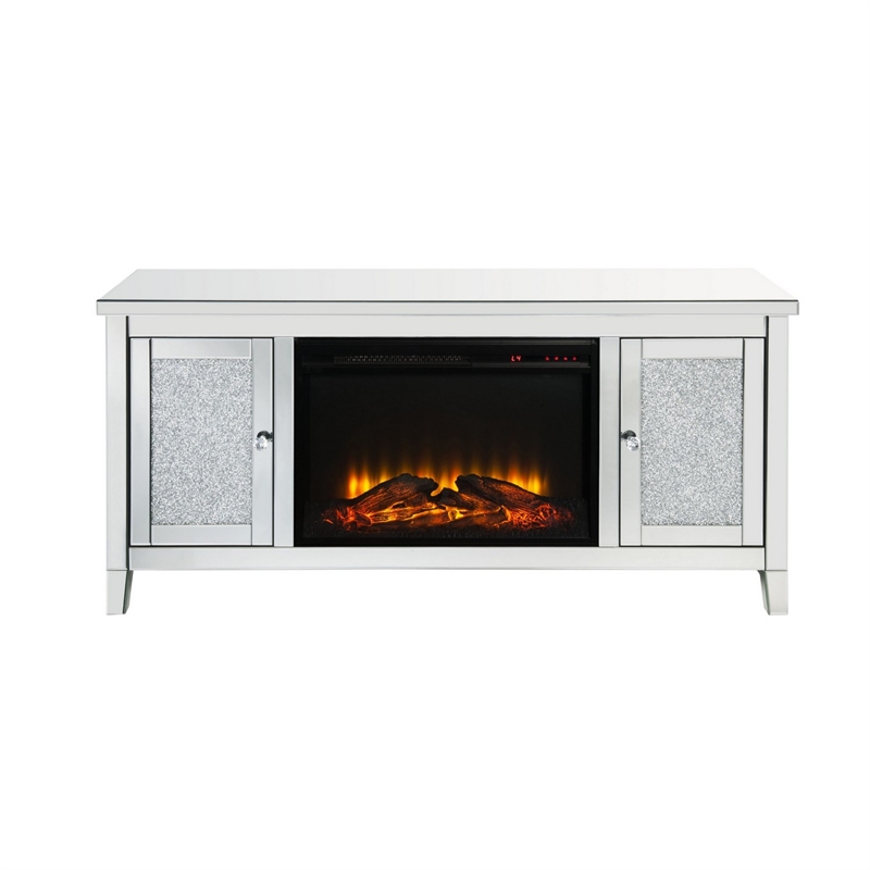 Benjara TV Stand with Electric Fireplace and Mirror Panel Framing- Silver