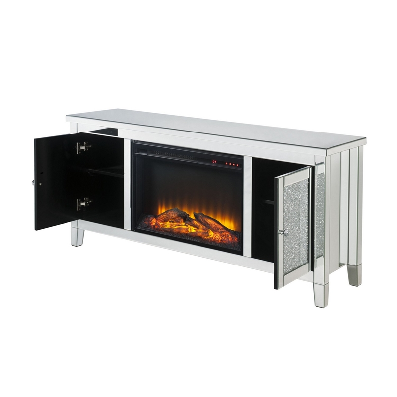 Benjara TV Stand with Electric Fireplace and Mirror Panel Framing- Silver