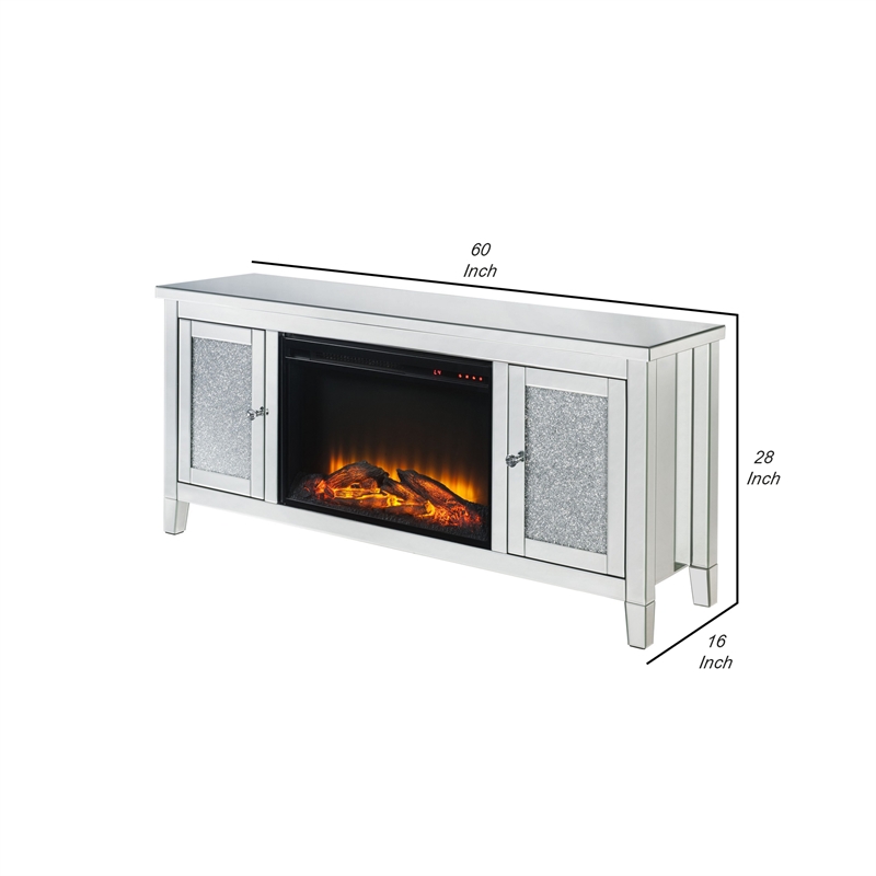 Benjara TV Stand with Electric Fireplace and Mirror Panel Framing- Silver