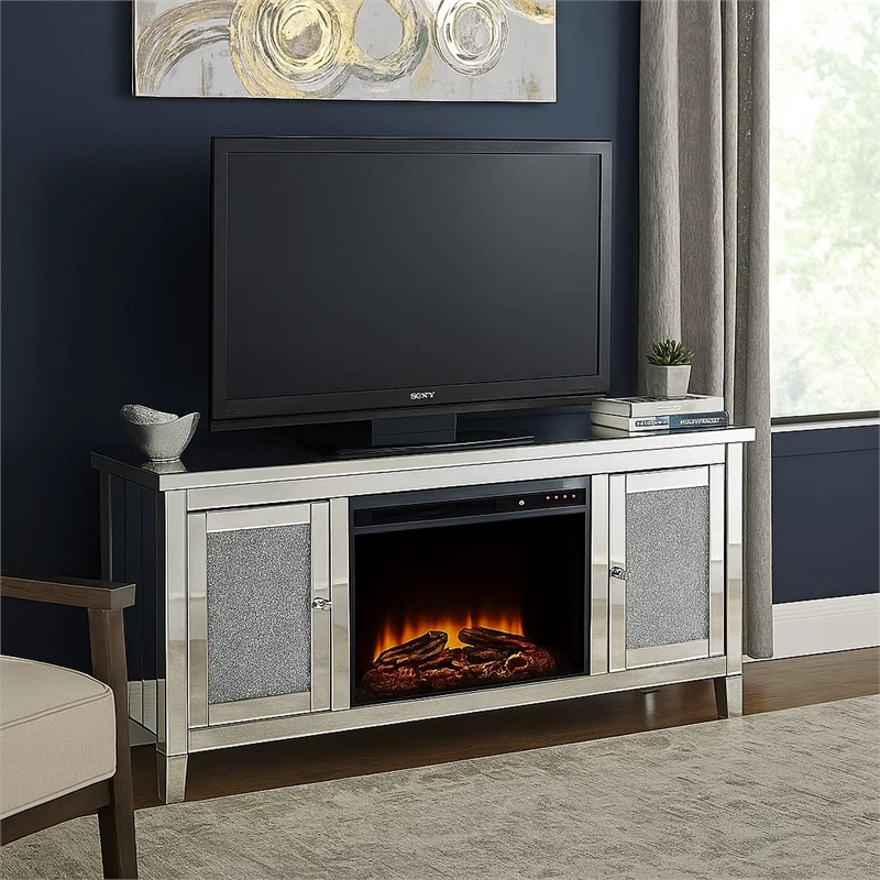 Benjara TV Stand with Electric Fireplace and Mirror Panel Framing- Silver