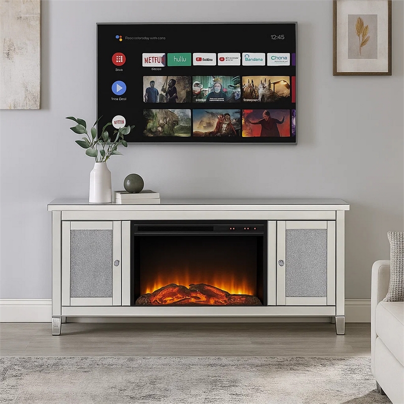 Benjara TV Stand with Electric Fireplace and Mirror Panel Framing- Silver