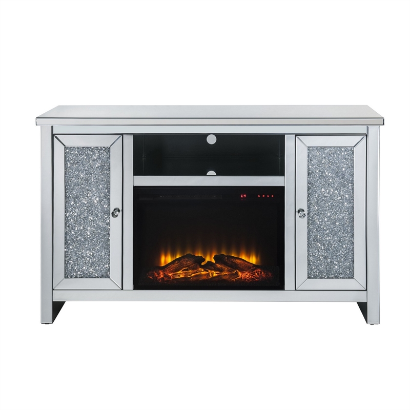 Benjara TV Stand with Electric Fireplace and Acrylic Faux Diamond- Silver