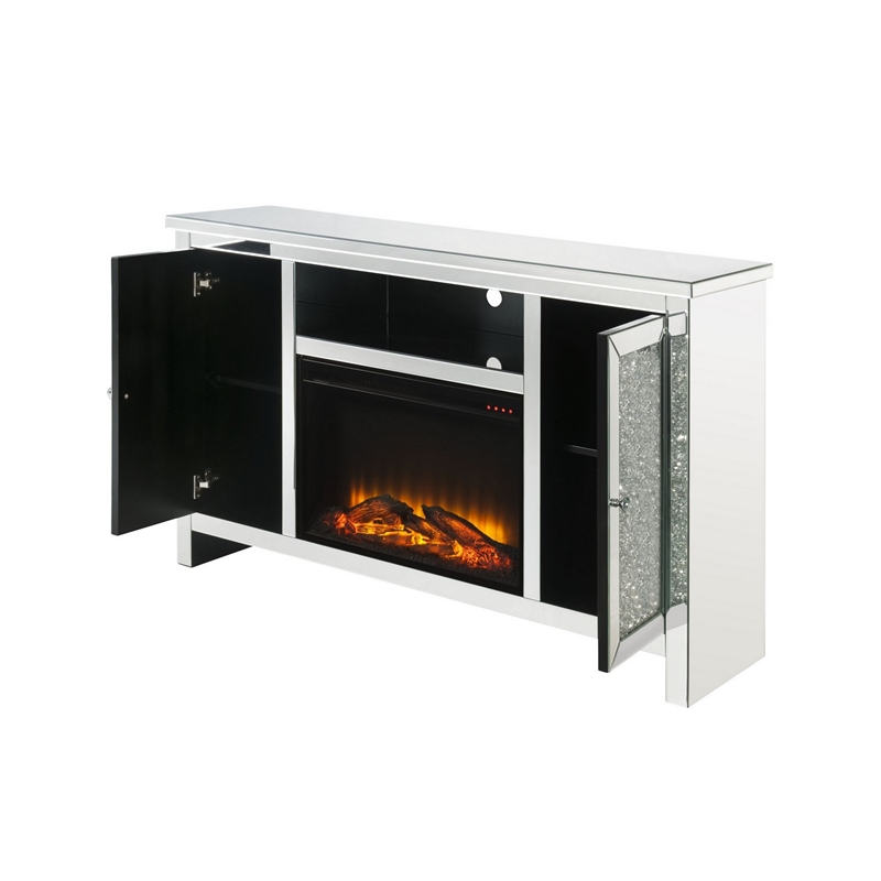 Benjara TV Stand with Electric Fireplace and Acrylic Faux Diamond- Silver