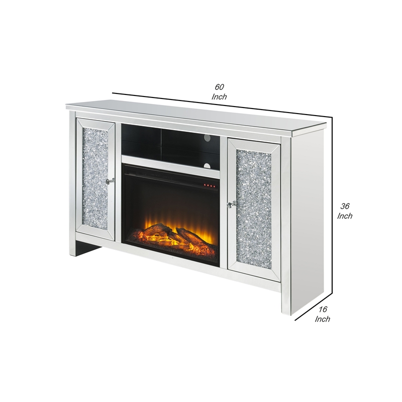 Benjara TV Stand with Electric Fireplace and Acrylic Faux Diamond- Silver
