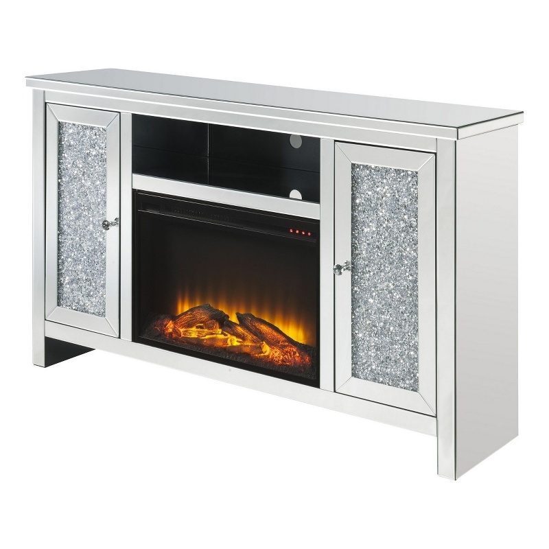 Benjara TV Stand with Electric Fireplace and Acrylic Faux Diamond- Silver
